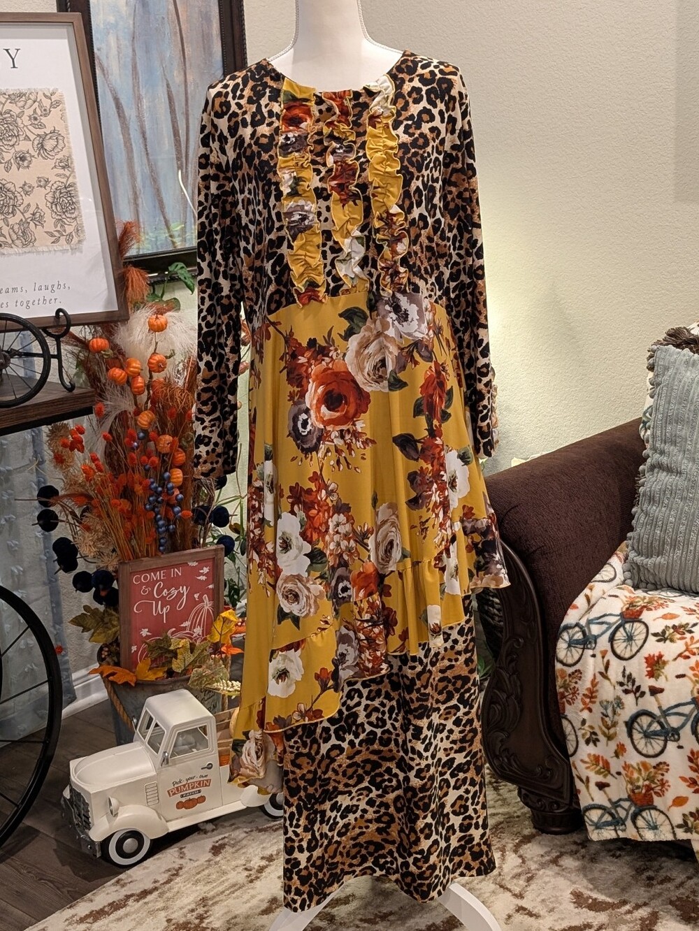 Mixed Print Ruffle-Front Maxi Skirt Set in Mustard and Leopard